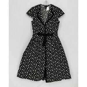 Marc Jacobs Black Dots Retro Collared Cap Sleeve Bow Waist Fit Flare Dress Sz 2